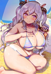 Rule 34 | 1girl, animal ears, ass, bare shoulders, beach, bikini, blush, bottle, breasts, cleavage, curvy, deep skin, dot nose, drill hair, eyelashes, female focus, hair between eyes, half-closed eyes, hand on own chest, highres, holding, holding bottle, horns, huge breasts, ikinari mojio, indie virtual youtuber, large breasts, long hair, looking at viewer, lotion, meme (hitsuji musume), oil, outdoors, panties, pink eyes, plump, purple hair, purple ribbon, ribbon, sand, sheep ears, sheep girl, sheep horns, shiny skin, sideboob, sitting, skindentation, smile, solo, striped bikini, striped clothes, swimsuit, twintails, two side up, umbrella, underboob, underwear, virtual youtuber, whale tail (clothing), wide hips, yellow panties, yokozuwari