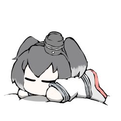 Rule 34 | 1girl, black hair, black hat, chibi, closed eyes, commentary request, dress, grey footwear, hat, kantai collection, lying, no mouth, sailor dress, shoes, short hair, simple background, sleeping, solo, task (s task80), tokitsukaze (kancolle), white background, white dress