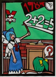 Rule 34 | 1984 (novel), 2girls, ?, absurdres, blue hair, blush stickers, border, bow, chalkboard, cirno, commissar (papercraft), copyright name, crossover, daiyousei, green eyes, hair bow, hair over one eye, highres, ice, ice wings, kirigami, logo, math, multiple girls, no nose, open mouth, ribbon, russian text, short hair, speech bubble, teaching, touhou, wings