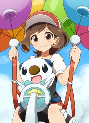 Rule 34 | 1girl, balloon, baseball cap, blush, brown eyes, brown hair, closed mouth, cloud, commentary request, creatures (company), day, elaine (pokemon), flying, game freak, gen 5 pokemon, happy, hat, highres, holding, long hair, looking down, mijumaruko, nintendo, oshawott, outdoors, pokemon, pokemon (creature), pokemon lgpe, shirt, short sleeves, shorts, sitting, sky, smile