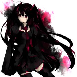 Rule 34 | 1girl, bad id, bad pixiv id, black hair, female focus, gradient background, long hair, naru (andante), necktie, red eyes, skirt, solo, thighhighs, twintails, very long hair, vocaloid, white background, zatsune miku, zettai ryouiki