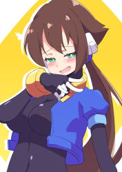 Rule 34 | 1girl, absurdres, aile (mega man zx), black bodysuit, blush, bodysuit, breasts, brown hair, buzzlyears, cropped jacket, female focus, green eyes, heart, highres, jacket, large breasts, layered sleeves, long hair, mega man (series), mega man zx, mega man zx advent, navel, open clothes, open jacket, ponytail, robot ears, smile, tagme