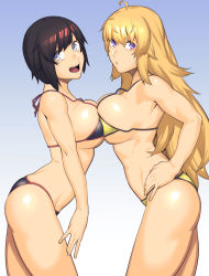 Rule 34 | 2girls, :d, ahoge, alternate breast size, bikini, black bikini, black hair, blonde hair, breast press, breasts, dyun, from side, grey eyes, halterneck, hands on own hips, highres, large breasts, long hair, looking at viewer, looking to the side, micro bikini, multiple girls, open mouth, parted lips, puckered lips, purple eyes, ruby rose, rwby, short hair, siblings, sideboob, sisters, smile, swimsuit, symmetrical docking, thighs, wavy hair, yang xiao long, yellow bikini
