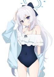 Rule 34 | 1girl, absurdres, bare legs, bare shoulders, blue archive, blue bow, blue hoodie, blue one-piece swimsuit, bow, breasts, casual one-piece swimsuit, cleavage, collarbone, commentary, covered navel, cowboy shot, frilled one-piece swimsuit, frills, grey hair, hair bow, halo, hand on own head, highres, hood, hoodie, long hair, looking at viewer, miyako (blue archive), miyako (swimsuit) (blue archive), off shoulder, one-piece swimsuit, ponytail, sidelocks, simple background, sky jio, small breasts, solo, standing, swimsuit, thigh gap, thighs, very long hair, white background