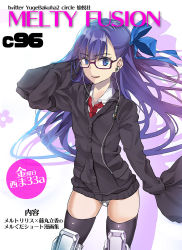 Rule 34 | 1girl, armored boots, black jacket, blue eyes, blue ribbon, boots, commentary request, cover, crotch plate, earbuds, earphones, fate/grand order, fate (series), glasses, hair ornament, hair ribbon, highres, jacket, long hair, long sleeves, looking at viewer, magazine cover, meltryllis (fate), purple hair, ribbon, shirt, sleeves past fingers, sleeves past wrists, solo, translation request, very long hair, white shirt, yuge (yuge bakuhatsu)