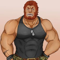 Rule 34 | 1boy, abs, beard, belt, biceps, black tank top, bracelet, facial hair, fate/zero, fate (series), hand on own hip, iskandar (fate), jewelry, large pectorals, looking at viewer, male focus, muscular, necklace, open mouth, pants, pectorals, pensuke is, red eyes, red hair, scar, simple background, smile, solo, tank top, teeth, upper body