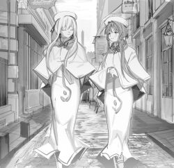Rule 34 | 2girls, aria (manga), aria company uniform, building, greyscale, hat, long hair, monochrome, multiple girls, road, sign, street, suiso (owp), town, wall lamp, window