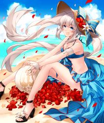 Rule 34 | 1girl, ball, bare legs, bare shoulders, beach, beachball, bikini, blue bikini, blue bow, blue eyes, bow, breasts, day, fate/grand order, fate (series), flower, grey hair, hair between eyes, hat, hat bow, hat flower, hizuki miya, jewelry, long hair, looking at viewer, marie antoinette (fate), marie antoinette (swimsuit caster) (third ascension) (fate), medium breasts, necklace, open mouth, petals, red flower, sand, sidelocks, sitting, smile, solo, swimsuit, twintails, very long hair, white flower