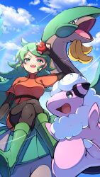 Rule 34 | 1girl, :d, absurdres, ace trainer (pokemon), blush, boots, breasts, cherish ball, cloud, commentary request, creatures (company), crossed legs, day, fingerless gloves, flaaffy, game freak, gen 2 pokemon, gen 3 pokemon, glint, gloves, green eyes, green footwear, green hair, hand up, highres, holding, holding poke ball, jacket, long hair, medium breasts, nintendo, open mouth, orange jacket, orange skirt, outdoors, pantyhose, poke ball, pokemon, pokemon (creature), pokemon dppt, pon yui, riding, riding pokemon, sitting, skirt, sky, smile, tropius