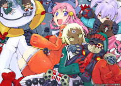 Rule 34 | 00s, 2003, 2boys, 3girls, blush, boots, breasts, casio takashirou, chibi, chiko, dark-skinned female, dark skin, gainaxtop, gloves, jewelry, konchiki, lal&#039;c mellk mal, long hair, mecha, multiple boys, multiple girls, nichola vacheron, nono (top wo nerae 2!), open mouth, pink hair, purple hair, red footwear, red gloves, robot, romper, sailor collar, shoes, short hair, small breasts, smile, thigh boots, thighhighs, thumb hole, top wo nerae 2!, twintails, tycho science, white footwear, yellow eyes