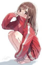 Rule 34 | 1girl, absurdres, brown eyes, brown hair, commentary request, full body, highres, jacket, long hair, long sleeves, looking at viewer, nanase kurumi (menhera-chan), original, pomu (joynet), red sleeves, signature, simple background, sleeves past wrists, socks, solo, squatting, track jacket, white background