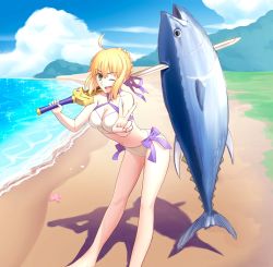 Rule 34 | 1girl, artoria pendragon (fate), artoria pendragon (swimsuit archer) (fate), artoria pendragon (swimsuit archer) (first ascension) (fate), bare shoulders, beach, bikini, blonde hair, breasts, cleavage, cloud, collarbone, day, excalibur (fate/stay night), fate/grand order, fate (series), fish, highres, holding, holding sword, holding weapon, mafty, medium breasts, midriff, navel, outdoors, sand, shadow, sleeveless, solo, standing, starfish, swimsuit, sword, tuna, v, water, weapon