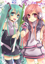 Rule 34 | 2girls, ahoge, aqua eyes, aqua hair, bad id, bad pixiv id, detached sleeves, elbow gloves, gloves, hatsune miku, headset, joints, long hair, multiple girls, musical note, necktie, pink eyes, pink hair, robot joints, sf-a2 miki, skirt, smile, spring onion, thighhighs, twintails, very long hair, vocaloid, zenyu