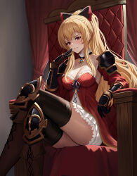 Rule 34 | 1girl, black thighhighs, blonde hair, boots, bow, breasts, brown footwear, cleavage, commentary request, crossed legs, detached collar, dress, gauntlets, granblue fantasy, hair bow, haruyuki (karem), indoors, knee boots, large breasts, long hair, looking at viewer, parted lips, ponytail, red dress, red eyes, short dress, sitting, smile, solo, thighhighs, throne, vira (granblue fantasy)
