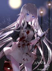 Rule 34 | 1girl, bag, black shirt, blood, blood on clothes, bloody knife, blue eyes, braid, breasts, commentary request, dress, eyes visible through hair, full moon, hair between eyes, highres, holding, holding knife, ia (vocaloid), knife, lamppost, looking at viewer, moon, outdoors, parted lips, shirt, sleeveless, sleeveless dress, small breasts, solo, twitter username, vocaloid, white dress, yuuki kira