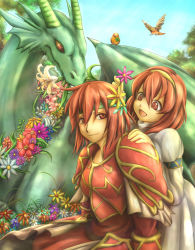 Rule 34 | 2girls, :d, armor, clover, dragon, fire emblem, fire emblem: mystery of the emblem, fire emblem: shadow dragon, flower, four-leaf clover, hair flower, hair ornament, hairband, headband, light smile, lily (flower), maria (fire emblem), minerva (fire emblem), multiple girls, nintendo, open mouth, red armor, red eyes, red hair, siblings, sisters, smile, yoshiyanmisoko