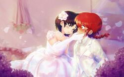 Rule 34 | 2girls, absurdres, black hair, blush, bow, bowtie, braid, braided ponytail, brown eyes, commentary, crossdressing, dress, earrings, elbow gloves, english commentary, eye contact, female focus, flower, formal, gloves, hair flower, hair ornament, highres, jacket, jewelry, looking at another, multiple girls, necklace, nose blush, parted lips, pearl necklace, petz5, pink flower, ponytail, ranma-chan, ranma 1/2, red flower, red hair, short hair, single braid, suit, suit jacket, tendou akane, tuxedo, upturned eyes, wedding, wedding dress, white bow, white bowtie, white dress, white flower, white gloves, white jacket, white suit, yuri