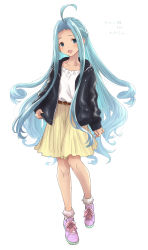 Rule 34 | 1girl, :d, @@@, ahoge, bad id, bad pixiv id, black jacket, blue eyes, blue hair, braid, collarbone, earrings, floating hair, full body, granblue fantasy, highres, jacket, jewelry, long hair, long sleeves, looking at viewer, lyria (granblue fantasy), miniskirt, open clothes, open jacket, open mouth, pink footwear, pink ribbon, pleated skirt, ribbon, shirt, shoes, simple background, skirt, smile, sneakers, socks, solo, standing, very long hair, white background, white shirt, white socks, yellow skirt