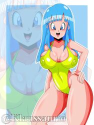 Rule 34 | 1girl, adjusting clothes, adjusting swimsuit, artist name, bare legs, blue eyes, blue hair, breasts, cameltoe, cleavage, covered erect nipples, covered navel, curvy, dragon ball, dragonball z, female focus, hand on own hip, happy, highleg, highleg swimsuit, highres, klaussaurio, large breasts, long hair, looking at viewer, maron (dragon ball), nipples, one-piece swimsuit, partially submerged, seductive gaze, simple background, smile, solo, standing, swimsuit, thighs, twitter username, water, wedgie, wide hips, yellow one-piece swimsuit, zoom layer
