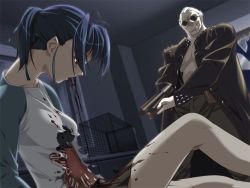 Rule 34 | blood, blue hair, bra, cage, empty eyes, glass, gun, guro, lingerie, open mouth, skirt, torn clothes, underwear, weapon