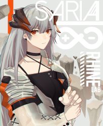 Rule 34 | 1girl, 3o c, arknights, black choker, black shirt, character name, choker, chromatic aberration, collarbone, commentary, dragon horns, earclip, grey background, grey jacket, horns, jacket, long hair, long sleeves, looking at viewer, orange eyes, parted lips, rhine lab logo, rock, saria (arknights), shirt, silver hair, simple background, solo, upper body