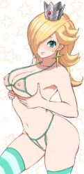 Rule 34 | 1girl, asymmetrical hair, bikini, blonde hair, blue eyes, blush, breasts, cleft of venus, closed mouth, commentary, commission, cowboy shot, crotchless, crotchless bikini, crown, cupless bikini, didd ley, earrings, eyelashes, grabbing own breast, green bikini, green thighhighs, hair over one eye, highres, jewelry, light smile, lips, long hair, looking at viewer, mario (series), medium breasts, mini crown, navel, nervous smile, nintendo, nipples, pussy, rosalina, simple background, skindentation, smile, solo, standing, star (symbol), star earrings, starry background, string bikini, striped clothes, striped thighhighs, super mario galaxy, swept bangs, swimsuit, thighhighs, uncensored, white background