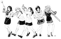 Rule 34 | 5girls, artist name, band, blazer, blush, bow, bowtie, closed eyes, closed mouth, commentary request, drum, drumsticks, flute, full body, glasses, greyscale, half updo, hatching (texture), highres, hiro (dismaless), holding, holding drumsticks, instrument, jacket, kneehighs, loafers, long hair, long sleeves, monochrome, multiple girls, music, neckerchief, open mouth, original, plaid, plaid skirt, playing instrument, pleated skirt, ponytail, sailor collar, school uniform, serafuku, shoes, short hair, short sleeves, signature, simple background, skindentation, skirt, smile, socks, thighhighs, trumpet, walking, zettai ryouiki