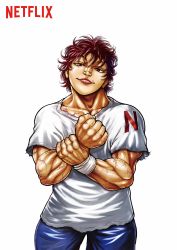 Rule 34 | 1boy, 2021, absurdres, brown eyes, grappler baki, hanma baki, highres, itagaki keisuke, lips, looking at viewer, muscular, netflix, official art, scar, short hair, simple background, smile, solo, standing, white background