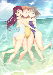 Rule 34 | 3girls, absurdres, ahoge, alternate costume, blue eyes, blue one-piece swimsuit, casual one-piece swimsuit, closed eyes, commentary request, commission, competition swimsuit, facing viewer, girl sandwich, grey hair, hair ornament, hairclip, half updo, highres, horizon, hug, long hair, love live!, love live! sunshine!!, multiple girls, ocean, ofuchobetto shirai, one-piece swimsuit, orange hair, red hair, sakurauchi riko, sandwiched, short hair, splashing, swimsuit, takami chika, watanabe you, water, white one-piece swimsuit, yellow eyes, yellow one-piece swimsuit