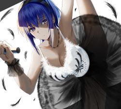 Rule 34 | 1girl, ballet, ballet dress, black feathers, breasts, dancing, dark-skinned female, dark skin, eyes visible through hair, fate/grand order, fate/prototype, fate/prototype: fragments of blue and silver, fate (series), feathers, hassan of serenity (fate), highres, looking at viewer, nicky w, purple eyes, purple hair, short hair, solo