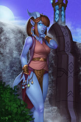 Rule 34 | 1girl, blue eyes, blue skin, brown hair, colored skin, dr graevling, draenei, highres, horns, pointy ears, short hair, solo, tail, warcraft, world of warcraft