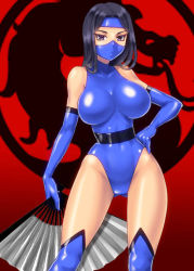 Rule 34 | 1girl, black hair, blue leotard, blue thighhighs, boots, breasts, collarbone, earrings, elbow gloves, folding fan, gloves, gluteal fold, grey eyes, hand fan, headband, jewelry, kitana, large breasts, leotard, long hair, looking at viewer, mask, midway, mitarashi dingo, mortal kombat (series), mouth mask, ninja, red background, sash, solo, standing, thigh boots, thighhighs