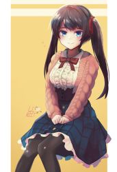 Rule 34 | alternate costume, artist name, black hair, blue eyes, blush, border, bow, bowtie, breasts, cable knit, hair ribbon, highres, hololive, ladymelt, large breasts, oozora subaru, oozora subaru (casual), outside border, pantyhose, pink sweater, plaid, plaid skirt, red bow, red bowtie, red ribbon, ribbon, short hair, skirt, sweater, v arms, virtual youtuber, white border, yellow background