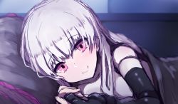 Rule 34 | 10s, 1girl, bad id, bad pixiv id, black gloves, blush, closed mouth, collarbone, doll joints, elbow gloves, fate/extra, fate/grand order, fate (series), gloves, hair between eyes, holding hands, indoors, joints, long hair, looking at viewer, lying, nursery rhyme (fate), on bed, on side, pillow, pink eyes, pov across bed, silver hair, sketch, smile, solo focus, under covers, wada kazu