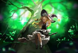 Rule 34 | 1girl, :d, apron, bare tree, black bow, black footwear, black hat, black skirt, black vest, blonde hair, blouse, bow, braid, breedo, broom, broom riding, floating hair, frilled skirt, frills, full body, green theme, hair bow, hand on headwear, hand up, hat, hat bow, highres, kirisame marisa, long hair, looking up, mary janes, open mouth, plant, puffy short sleeves, puffy sleeves, red scarf, scarf, shirt, shoes, short sleeves, single braid, skirt, skirt set, smile, socks, solo, sparkle, star (symbol), touhou, touhou lost branch of legend, tree, vest, waist apron, white apron, white bow, white shirt, white socks, witch hat, yellow eyes