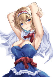 Rule 34 | 1girl, adapted costume, alice margatroid, armpits, arms behind head, arms up, blonde hair, blue dress, blue eyes, breasts, capelet, cleavage, dress, hairband, kaeranu kaeru, large breasts, light blush, lolita hairband, neck ribbon, one-hour drawing challenge, open mouth, presenting armpit, red hairband, red neckwear, red sash, ribbon, sash, short hair, simple background, sleeveless, touhou, white background