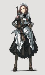 Rule 34 | 1girl, absurdres, apron, armor, asterisk kome, bolt action, boots, bow, brown hair, gloves, greaves, green eyes, gun, gun on back, highres, holster, holstered, lee-enfield, maid, maid apron, maid headdress, medal, original, rifle, scabbard, scope, sheath, short hair, solo, sword, weapon, weapon on back