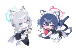 Rule 34 | 2girls, alternate costume, animal ear fluff, animal ears, apron, black dress, black thighhighs, blue archive, blue eyes, blue hair, bright pupils, cat ears, cat tail, chibi, crossed bangs, cup, dress, enmaided, frilled dress, frills, gloves, grey hair, hair between eyes, hair ribbon, halo, highres, holding, holding cup, long hair, looking at viewer, maid, maid apron, maid headdress, medium hair, meunhongcha, mismatched pupils, multiple girls, open mouth, parted lips, red eyes, ribbon, serika (blue archive), shiroko (blue archive), short sleeves, simple background, sweat, tail, thighhighs, twintails, white apron, white background, white gloves, white pupils, white thighhighs, wolf ears