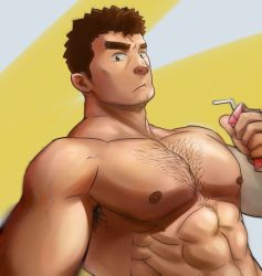 Rule 34 | 1boy, abs, bara, barry go, blush, body hair, brown hair, chest hair, drinking straw, facial hair, goatee, highres, large pectorals, long sideburns, looking at viewer, male focus, manly, muscular, nipples, pectorals, sideburns, simple background, solo, stubble, takabushi kengo, thick eyebrows, tokyo houkago summoners, topless male, upper body
