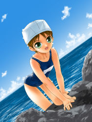 Rule 34 | 1girl, all fours, blue sky, blue one-piece swimsuit, cloud, day, dutch angle, green eyes, horizon, kotomi youji, looking at viewer, one-piece swimsuit, open mouth, original, outdoors, school swimsuit, sky, solo, swimsuit, water