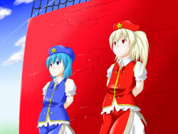 Rule 34 | 2girls, bad id, bad pixiv id, blue eyes, china dress, chinese clothes, cirno, cosplay, costume switch, dress, flandre scarlet, hat, hong meiling, hong meiling (cosplay), multiple girls, niwatazumi, red eyes, touhou, wings, unfinished