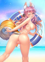 Rule 34 | 1girl, ;p, animal ears, anus, arm behind back, ass, beach, blonde hair, blush, breasts, cleft of venus, day, ears through headwear, fate/grand order, fate (series), fox ears, fox tail, from behind, gradient hair, hair ornament, highres, innertube, kneepits, large breasts, long hair, looking at viewer, looking back, lucknight, multicolored hair, nipples, nude, one eye closed, outdoors, pink hair, pussy, sky, smile, solo, strap gap, swim ring, tail, tamamo (fate), tamamo no mae (fate/extra), tamamo no mae (swimsuit lancer) (fate), tongue, tongue out, uncensored, yellow eyes
