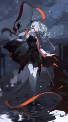 Rule 34 | 1girl, absurdres, animal ears, arknights, armband, black dress, black gloves, breasts, dress, frostnova (arknights), full body, gloves, grey hair, grey sky, hair ornament, hair over one eye, hairclip, hand up, highres, holding, jacket, long hair, night, open clothes, open jacket, orange ribbon, outdoors, rabbit ears, ribbon, scar, scar on face, scar on nose, sky, small breasts, solo, standing, ttearecoll, water, white jacket, x hair ornament
