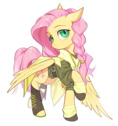 Rule 34 | 1girl, 7hundredt, boots, colored skin, feathered wings, fluttershy, green eyes, highres, jacket, looking at viewer, my little pony, my little pony: friendship is magic, pegasus, pink hair, simple background, solo, white background, wings, yellow skin