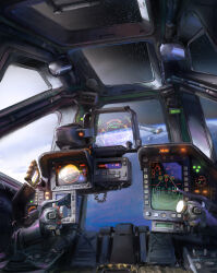 Rule 34 | absurdres, cable, cockpit, commentary, control panel overlay, controller, earth (planet), english commentary, english text, heads-up display, highres, in orbit, john liberto, no humans, original, photoshop (medium), planet, push-button, rear-view mirror, science fiction, space, spacecraft, spacecraft interior, star (sky)