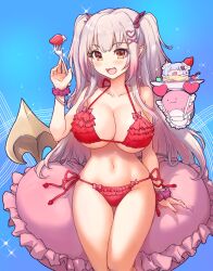 1girl alternate_costume bikini blue_background blush bow breasts cleavage commentary_request cowboy_shot demon_girl demon_horns demon_tail fangs food fork frilled_bikini frills fruit gradient_hair grey_hair hair_ornament heart heart-shaped_pillow heart_hair_ornament highres holding holding_fork horns indie_virtual_youtuber jyaco kanikama_(suou_patra) large_breasts long_hair looking_at_viewer multicolored_hair navel open_mouth orange_eyes pillow pink_bow pink_hair pointy_ears red_bikini red_horns scrunchie side-tie_bikini_bottom small_horns smile solo sparkle strawberry suou_patra swimsuit tail two_side_up virtual_youtuber wrist_scrunchie x_hair_ornament