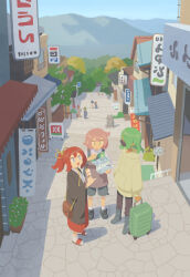 Rule 34 | 3girls, backpack, bag, black footwear, black jacket, black pants, black shorts, blue eyes, city, closed eyes, closed mouth, collared shirt, commentary request, dark skin, day, food, green eyes, green hair, hakama, hand in pocket, haori, highres, holding, holding food, holding suitcase, hood, hoodie, jacket, japanese clothes, long hair, long sleeves, looking at another, looking at object, looking up, mask, mountainous horizon, mouth mask, muji (uimss), multiple girls, open mouth, original, outdoors, pants, pink hair, plant, ponytail, potted plant, red hair, red hakama, sandals, scenery, shirt, short hair, short sleeves, shorts, shoulder bag, socks, stairs, standing, statue, suitcase, tree, white shirt, white socks, wide sleeves, yellow hoodie