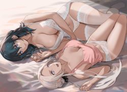 Rule 34 | 2girls, babydoll, bare legs, bare shoulders, blue eyes, blue hair, breasts, byleth (female) (fire emblem), byleth (fire emblem), camisole, cleavage, edelgard von hresvelg, fire emblem, fire emblem: three houses, fire emblem warriors, fire emblem warriors: three hopes, forehead, j@ck, lace, lace-trimmed legwear, lace trim, large breasts, lingerie, long hair, lying, medium breasts, medium hair, multiple girls, navel, nintendo, on back, on bed, on side, open mouth, panties, parted bangs, pink camisole, purple eyes, smile, thighhighs, thighs, underwear, white hair, white legwear, white panties, yuri