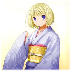 Rule 34 | 1girl, blonde hair, blue eyes, blush, japanese clothes, kasuga yukihito, kimono, kriemhild (kasuga yukihito), obi, original, sash, short hair, smile, solo, wide sleeves