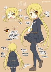 Rule 34 | &gt; &lt;, 10s, 1girl, :d, blonde hair, crescent, crescent pin, closed eyes, how to, kantai collection, loafers, long hair, looking at viewer, multiple views, nagasioo, necktie, one eye closed, open mouth, satsuki (kancolle), school uniform, shoes, smile, text focus, thighhighs, twintails, twitter username